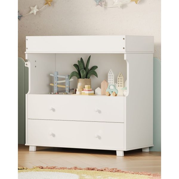 Baby Changing Table Dresser with 2 Drawers & Open Shelf - Modern White Nursery Dresser, Diaper Changing Station with Lock-Free Design, Non-Wood Durable, Easy Assembly for Kids Room, Nursery, Baby Room Storage Organizer