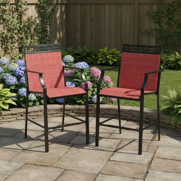 product-open-67b4b643f5d3482298723589ef1be106-goods Set of 2 Heavy-Duty Metal Bar Stools with High Back, Armrests & Footrest - Counter Height Patio Chairs with Sturdy Metal Frame, Red Cushioned Seats