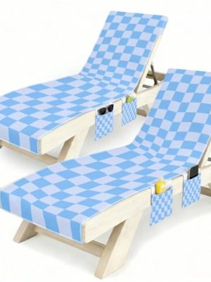 Lounge Chaise Chair Towel Covers Pack of 2, Beach Chair Cover with 3 Pockets for Pool Outdoor Beach Garden Patio Trips, 85 X30in (Blue Checkerboard)