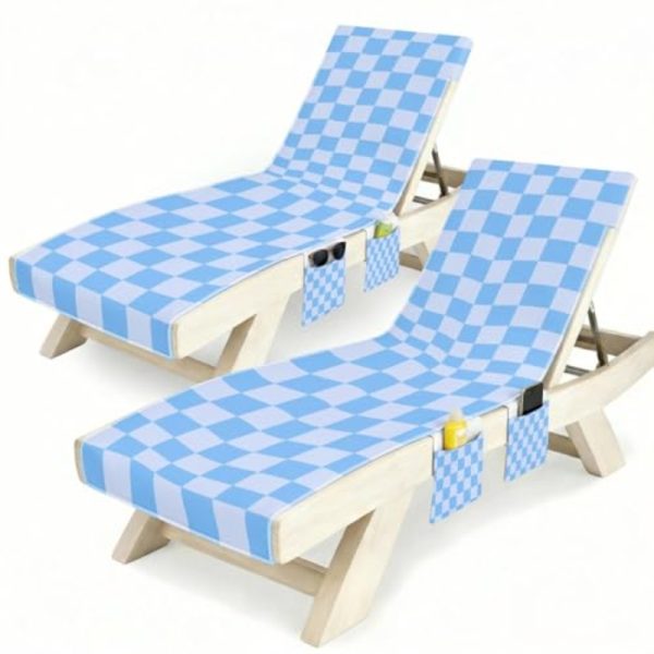 product-open-6804a29bcfc4494099c7cfb6b1dc7f56-goods Lounge Chaise Chair Towel Covers Pack of 2, Beach Chair Cover with 3 Pockets for Pool Outdoor Beach Garden Patio Trips, 85 X30in (Blue Checkerboard)