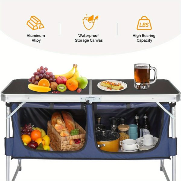 product-open-68785d019c5440358730ce8970811b33-goods Bonnlo 4ft Folding Table with Storage Aluminum Camping Picnic Table Adjustable Height for Outdoor Beach BBQ Backyards Travel Party Garden Patio Folding Dining Table Black/ White Foldable Table Camping Gear and Equipment