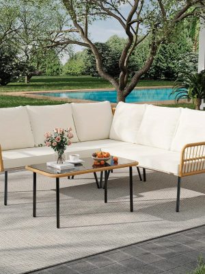 Senfot 4pcs Outdoor Patio Furniture Set with Table, All-Weather Boho Wicker Rattan Patio Sectional L-Shaped Sofa, Metal Frame, Detachable Cushions, for Patio, Balcony, Backyard, Deck, Beige