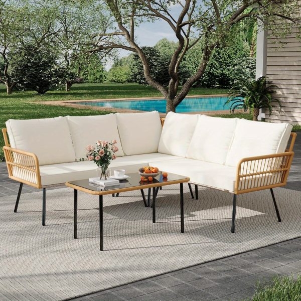 product-open-68d83fbbff3a44f6806d3a3241f01d3e-goods Senfot 4pcs Outdoor Patio Furniture Set with Table, All-Weather Boho Wicker Rattan Patio Sectional L-Shaped Sofa, Metal Frame, Detachable Cushions, for Patio, Balcony, Backyard, Deck, Beige