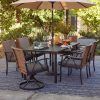 product-open-68dc7fb180fa41c5abc2ff8293624d19-goods Andehomy 7pcs Patio Dining Set with 6 Chairs And 1 Table, Outdoor Dining Set with 2 Wicker Swivel Patio Dining Chairs with Cushions & Black, Rectangular Woodgrain Metal Dining Table with 1.75" Umbrella Hole, Black & Brown