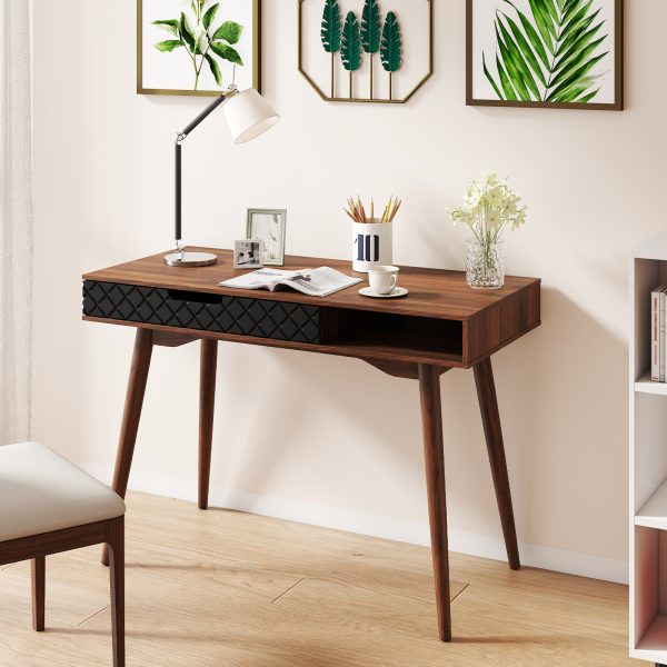 product-open-69cb5e54be3d42b398eb385fda224d1a-goods Mid-Century Modern Computer Desk | Home Office Desk with Drawer & Open Compartment, Laptop PC Desk with Rubber Wood Legs, Makeup Vanity Table, Vintage Writing Desk Workstation for Study, Bedroom, Brown Hardwood and Artificial Board, Freestanding