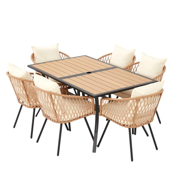 product-open-6aaa84531ef042d3b950dac4c9c9196e-goods Outdoor Dining Set for Seven, Featuring a Rectangular Table with an Umbrella Hole And Six Rattan Chairs, Suitable for All Weather Conditions, Perfect for Your Backyard, Lawn, Or Garden
