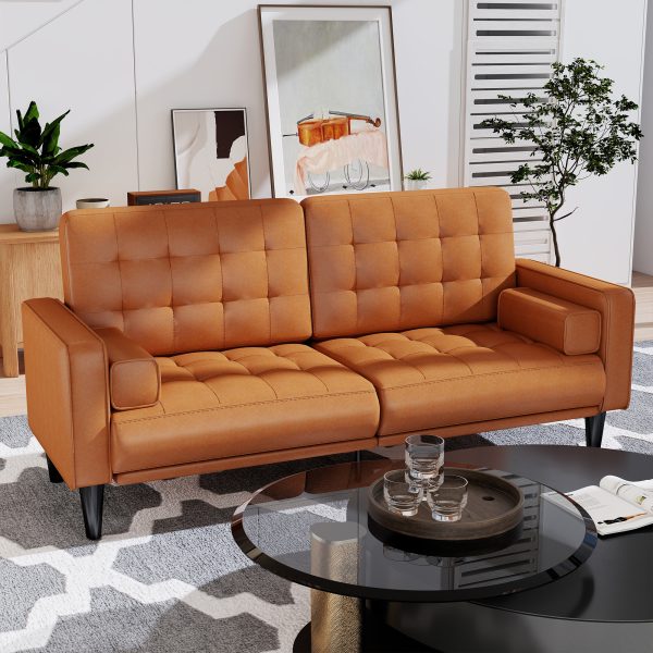 product-open-6b834d459b044643a51977b04e3ac727-goods 70inch Mid-Century Modern Couch, Breathable Faux Leather Couch with Upholstered Cushions/Pillows, Metal Decorative Legs. Combines Comfort And Durability, for Living Rooms/Offices, Convenient And Practical, Easy to Assemble.