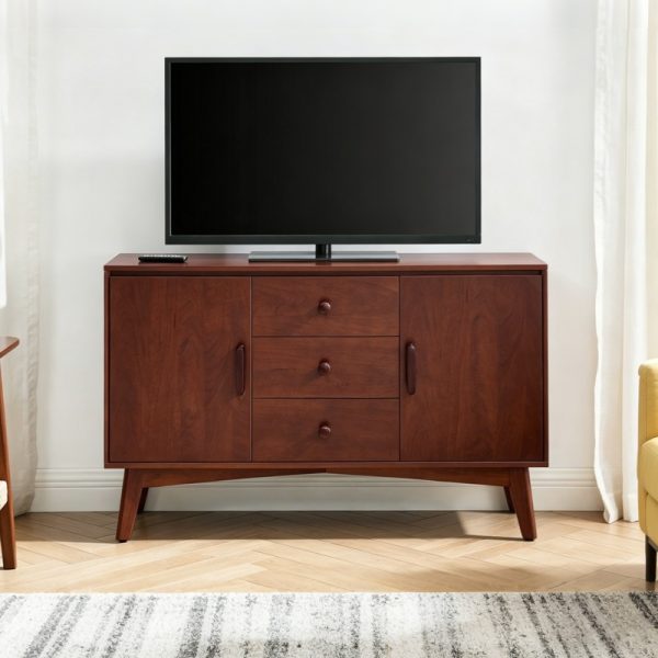 product-open-6bb5e797f8284ba3b058a9b553168d1e-goods 47. 3" Mid Century Modern Sideboard Buffet Cabinet, Kitchen Buffet Cabinet with Solid Wood Frame Legs and Wooden Handle, Storage Cabinet with 2 Doors and 3 Drawers for Kitchen, Dining, Living Room, Walnut