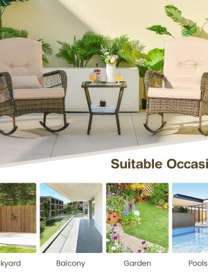 2026 New Courtyard Dining Tables and Chairs, 2pcs Outdoor Wicker Rocking Chair Set, Rattan Rocking Chair with Thick Cushions & High Back, All-Weather Wicker Rocking Bistro Set for Porch, Patio, Balcony