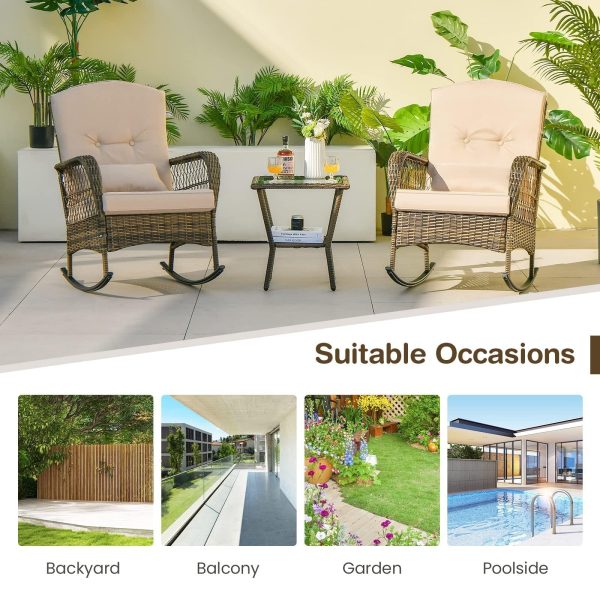 2026 New Courtyard Dining Tables and Chairs, 2pcs Outdoor Wicker Rocking Chair Set, Rattan Rocking Chair with Thick Cushions & High Back, All-Weather Wicker Rocking Bistro Set for Porch, Patio, Balcony