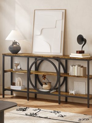 Industrial Farmhouse Console Table - Extra Long 66.9 Inch Narrow Sofa Table with 3-Tier Reclaimed Wood Shelves & Sturdy Metal Frame, Space-Saving Storage Cabinet for Entryway, Hallway, Living Room - Easy Assembly, 50lb/Shelf Capacity, Entryway Organizer | Industrial Chic | Elevated Metal Legs