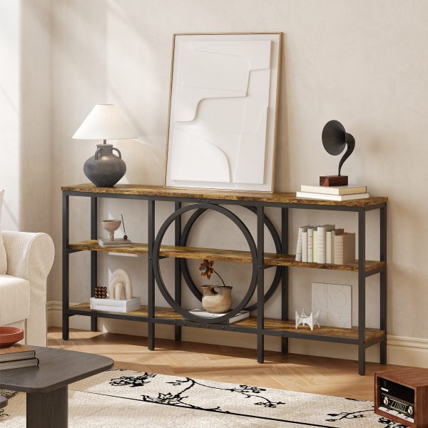 product-open-6d1abb450982470382d29c642d6e0cca-goods Industrial Farmhouse Console Table - Extra Long 66.9 Inch Narrow Sofa Table with 3-Tier Reclaimed Wood Shelves & Sturdy Metal Frame, Space-Saving Storage Cabinet for Entryway, Hallway, Living Room - Easy Assembly, 50lb/Shelf Capacity, Entryway Organizer | Industrial Chic | Elevated Metal Legs