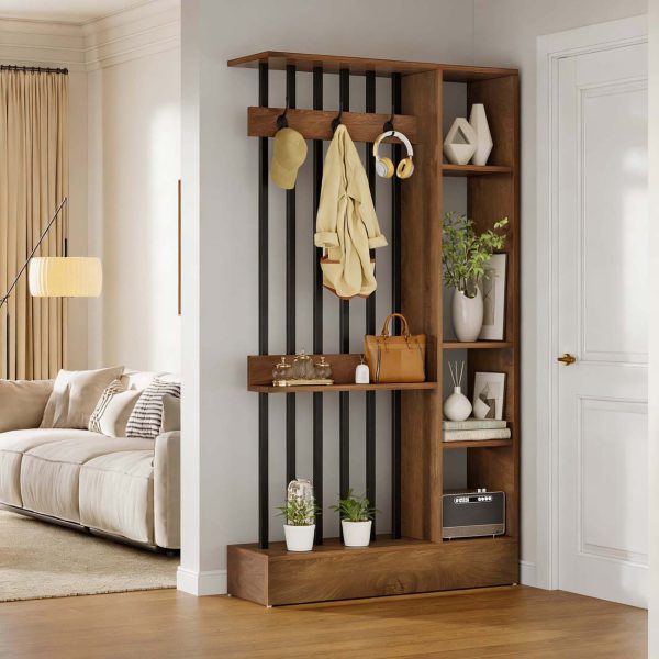 71-Inch Wooden Standalone Room Divider, Wall Partition Bookcase Featuring Shelves And Coat Hooks, a Contemporary Decorative Screen Suitable for Home And Office, in Brown
