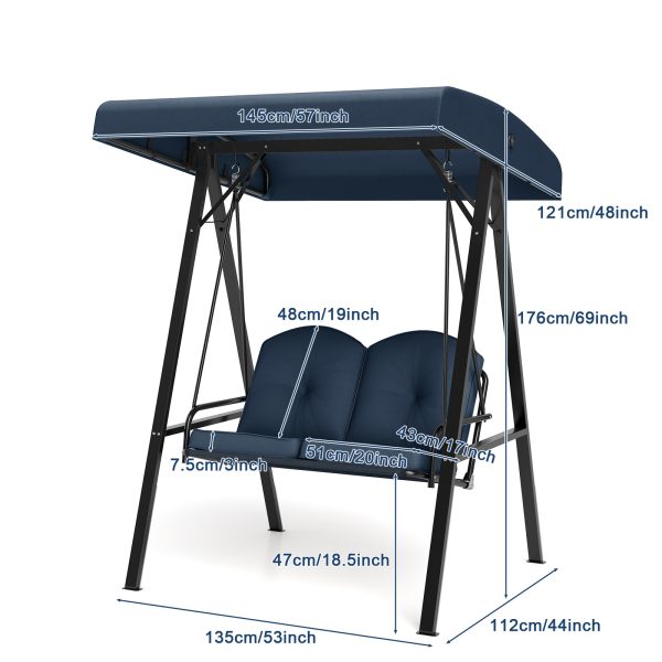 product-open-6e4a1310ec2a407e8f26e03e72e82e9e-goods Outdoor 2-Person Porch Swing, Cushioned Loveseat Swing with Stand, Adjustable Canopy and Heavy-Duty Metal Frame for Porch, Backyard, Garden