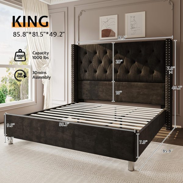 product-open-6f464c3d8b65417b86a08d3c05165575-goods LUXOAK Modern Luxury 50" Wingback Bed Frame with Plush Beige/White Velvet Upholstery - Queen/King Size Platform Bed, Button Tufted Headboard & Nailhead Trim, Sturdy Frame, No Box Spring Needed, Easy Assembly (30-Min Setup)