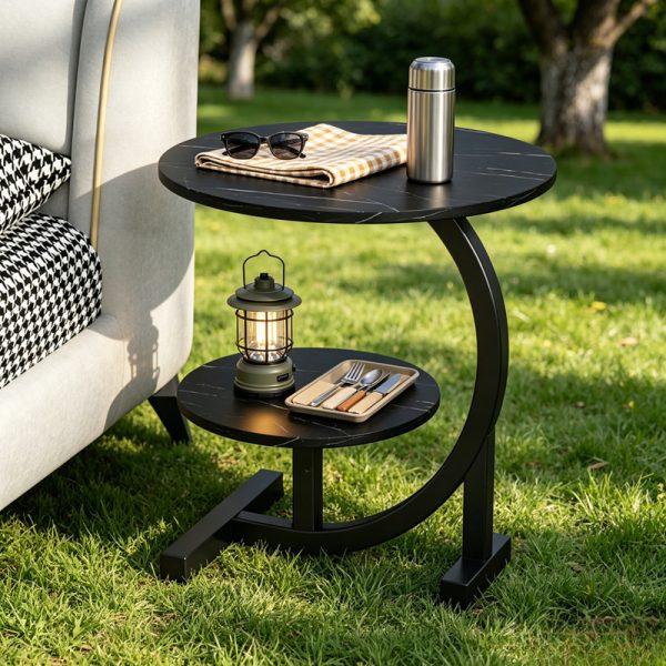 [Outdoor Patio Table] 2-Tier Outdoor Patio Side Table, C-Shaped Weather Resistant Faux Marble End Table with Sturdy Metal Frame, Perfect for Garden, Backyard, Balcony, Poolside, Small Spaces, Indoor & Outdoor Use