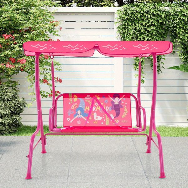 COSTWASY Kids Patio Swing, 2-Seater Swing Chair w/ Metal Stand & Adjustable Canopy, Outdoor Mini Swing w/ Safety Belts for Kids over 3, Porch Seating Solution, Adjustable Canopy Swing, Adjustable Canopy Design, Sturdy Metal Stand, Robust Swing Mechanism, Parents Of