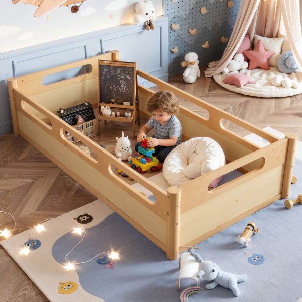 product-open-710f1f3ac4d543188e2ac579aa30a86d-goods Twin Size Floor Platform Bed with Full-Length Guardrails, Low Profile Twin Bed Frame, No Box Spring Needed, Natural