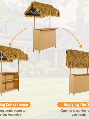 Outdoor Bar Set with Grass Canopy, 2-Seat Patio Bar Table And Stools, Bar Height Outdoor Dining Set, Adjustable Feet Design, Built-In Storage Space, Tiki Bar Furniture for Backyard Poolside Garden Deck Porch Balcony