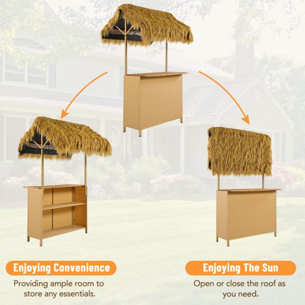 product-open-7154509efd0349eaaff886989a21ada4-goods Outdoor Bar Set with Grass Canopy, 2-Seat Patio Bar Table And Stools, Bar Height Outdoor Dining Set, Adjustable Feet Design, Built-In Storage Space, Tiki Bar Furniture for Backyard Poolside Garden Deck Porch Balcony