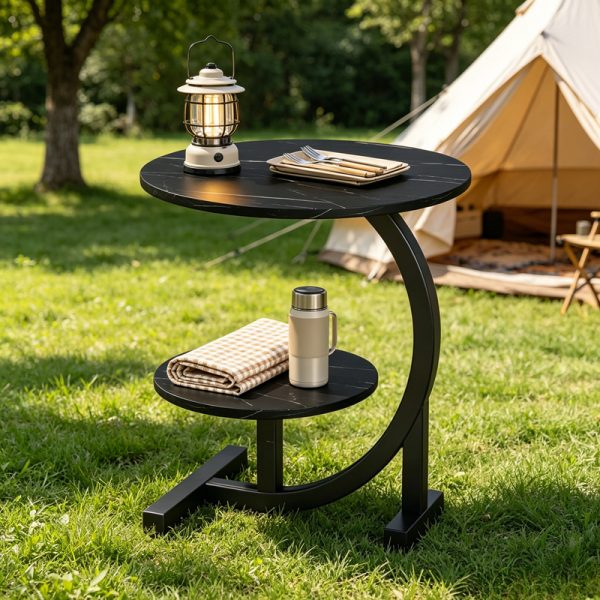 [Outdoor Patio Table] 2-Tier Outdoor Patio Side Table, C-Shaped Weather Resistant Faux Marble End Table with Sturdy Metal Frame, Perfect for Garden, Backyard, Balcony, Poolside, Small Spaces, Indoor & Outdoor Use