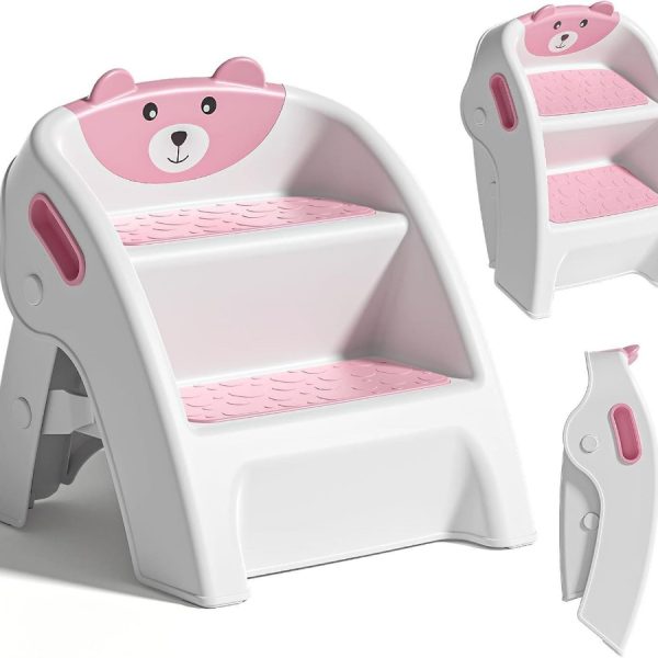 Toddler Step Stool, Foldable 2-Step Kids Stool with Non-Slip Design And Handle, Multipurpose Step Stool for Bathroom Sink, Kitchen, Bedroom, Counter