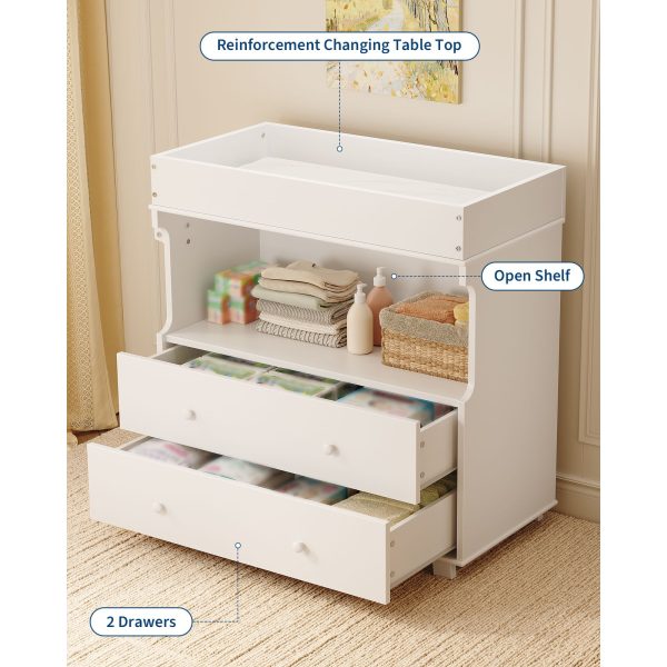 Baby Changing Table Dresser with 2 Drawers & Open Shelf - Modern White Nursery Dresser, Diaper Changing Station with Lock-Free Design, Non-Wood Durable, Easy Assembly for Kids Room, Nursery, Baby Room Storage Organizer