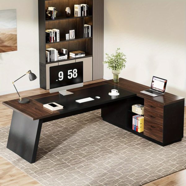 product-open-726c666a26504879af13999b58fcf4a5-goods 78" Extra Wide Executive Desk - Heavy-Duty Home Office Desk with L-Shaped Workstation, Built-in Storage Drawers & File Cabinet, Walnut Finish - for Professional Office or Study - Easy Assembly, Desk Accessories Office, Spacious Workspace, Sophisticated Design, Engineered Wood Construction, Contemporary Furniture, Solid Build, Remote Workers