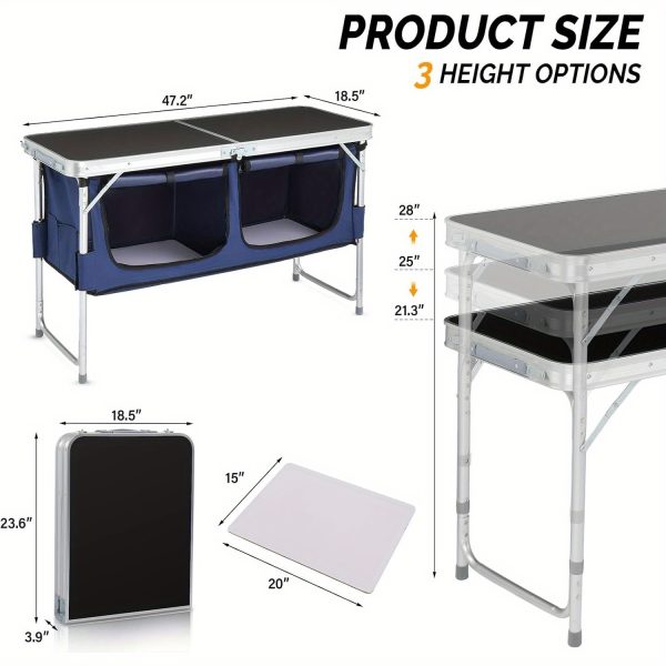 product-open-73007bde37eb45cc87b4c8c2eeb38e63-goods Bonnlo 4ft Folding Table with Storage Aluminum Camping Picnic Table Adjustable Height for Outdoor Beach BBQ Backyards Travel Party Garden Patio Folding Dining Table Black/ White Foldable Table Camping Gear and Equipment