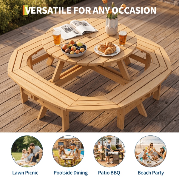 product-open-730b672240cd43f99708142842f65a12-goods 8-Person Round Wooden Picnic Table with Umbrella Hole, Wood Outdoor Dining Set with 4 Built-In Benches for Garden, Patio And Backyard