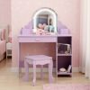 product-open-737e1f63147545e885744d86e3e1d6eb-goods Girls' Kids Vanity Desk with Mirror & Stool - Princess Makeup Table with Drawer, Shelves & Cubbies, Toddler Dressing Table Suitable for Little Girls, Assembly, Non-Wood