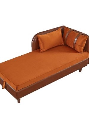 65-Inch Storage Chaise Lounge Sofa in Brown PU And Orange Velvet