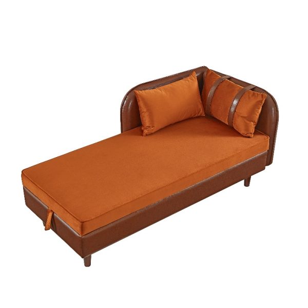 product-open-739a8236ec8f47b89542e8e0edd76f50-goods 65-Inch Storage Chaise Lounge Sofa in Brown PU And Orange Velvet