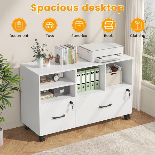 product-open-73ec55b1019d4b61a60c276c0e3921dc-goods 2 Drawer Wood Mobile Large Lateral File Cabinet with Lock, Lockable Rolling Filing Cabinet with Storage Shelves, Printer Stand Office Storage Cabinet for Home Office Fits Files Legal/A4, White
