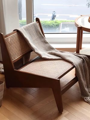 Modern Mid-Century Accent Chair, Rattan Lounge Chair for Living Room, Boho Side Corner Comfy Chair for Bedroom And Balcony, Walnut