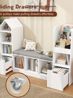 Nordic Style Bookcase with Reading Nook | Space-Saving Storage Cabinet with 7 Cubbies, 2 Movable Drawers & Seat Cushion, Multifunctional Organizer for Living Room, Bedroom, Office, Wood Color, Hardwood Material, VABCHES Brand