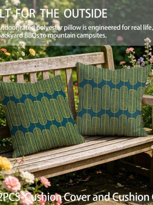 Outdoor Pillows 2pcs Set with InsertAbstract Golden Teal Geometric Seed Pod Pattern Print 18x18 Inch Outdoor Throw Pillow with Insert, Water-Resistant Fabric for Patio Garden Sofa Bench and All-Season Home Decor Decoration with Insert