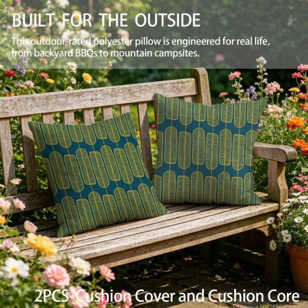 Outdoor Pillows 2pcs Set with InsertAbstract Golden Teal Geometric Seed Pod Pattern Print 18x18 Inch Outdoor Throw Pillow with Insert, Water-Resistant Fabric for Patio Garden Sofa Bench and All-Season Home Decor Decoration with Insert