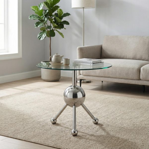 product-open-77083f35791a4ce29418959b0831d0aa-goods Sumdeal Modern Round Glass Side Table - 19.7" Stainless Steel End Table with Chrome Sphere Base - Small Tempered Glass Coffee Table for Living Room, Bedroom, & Bedside - Tool-Free Assembly(Silvery)