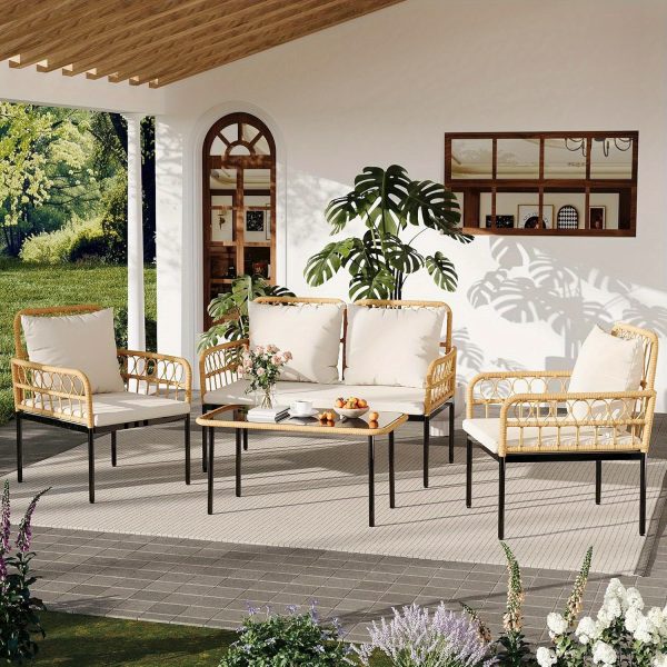 product-open-772793fafff944d3bfbd3351695208d7-goods Senfot 4pcs Outdoor Patio Furniture Set with Table, All-Weather Boho Wicker Rattan Patio Sectional L-Shaped Sofa, Metal Frame, Detachable Cushions, for Patio, Balcony, Backyard, Deck, Beige