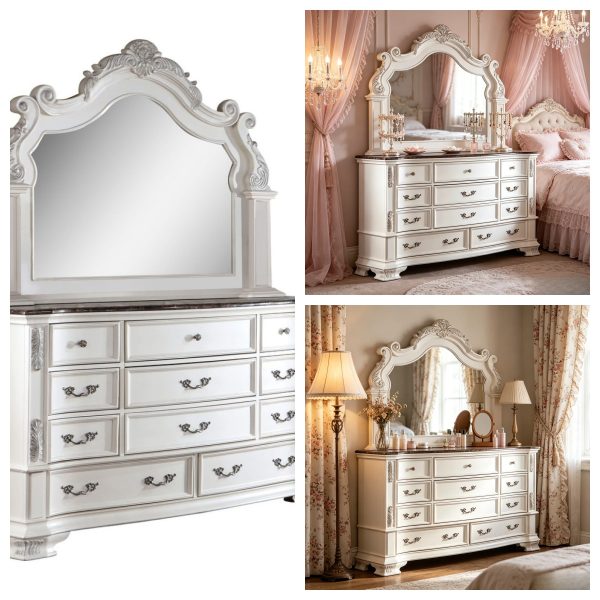 product-open-773cb388454c409ba6a7fc56efb1e572-goods Luxury White 1pc Dresser Dovetail Drawers Genuine Marble Top Bronze Round Knob and Hanging Pulls BedroomEasy to Install Storage Unit Ready to Use Out of Box