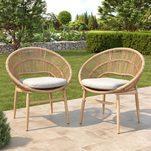 [Outdoor Wicker Papasan] Set of 2 Cyril Outdoor Wicker Papasan Chair With Teak Legs & Dark Gray Faux Rattan Frame - -Weather Suitable for,, Poolside Furniture - Cushioned Seating, Low-Maintenance Wipeable for /Outdoor Use