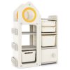 product-open-7861e0a4da8a4021bf8aeff1505c859e-goods COSTWAY Kids Storage Organizer, Multipurpose Chest and Bookshelf w/ Mobile Trolley, Enclosed Cabinets & Storage Bins, Side Bookshelves, Storage Cabinet w/ Unique Roof