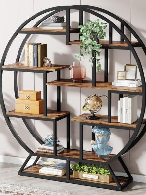 63 Inch Round Industrial Bookshelf - Rustic Wood & Metal Etagere Bookcase with Staggered Shelves, 350lb Capacity, Adjustable Leg Pads, Matte Black & Brown Finish, Open Shelving Organizer for Living Room, Home Office, Bedroom, Kitchen, Bookshelf Decorations, Versatile Display Shelf, Round Silhouette Shelf, Durable Particleboard