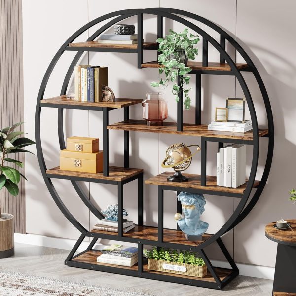 product-open-78af7583fdcc455fa66a1a6ee5ff58b6-goods 63 Inch Round Industrial Bookshelf - Rustic Wood & Metal Etagere Bookcase with Staggered Shelves, 350lb Capacity, Adjustable Leg Pads, Matte Black & Brown Finish, Open Shelving Organizer for Living Room, Home Office, Bedroom, Kitchen, Bookshelf Decorations, Versatile Display Shelf, Round Silhouette Shelf, Durable Particleboard