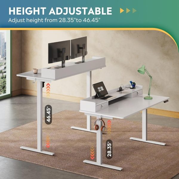 product-open-78fd2caf960f4b61a7f1b72b30af5fad-goods 55×28 Inch Electric Standing Desk with Drawers | 3 Adjustable Height, Storage Shelf, Built-in USB Outlet, Memory Preset, Sit to Stand, Contemporary Style, White, Engineered Wood Top, Box Drawers, Floor Mount, by GALAXHERO