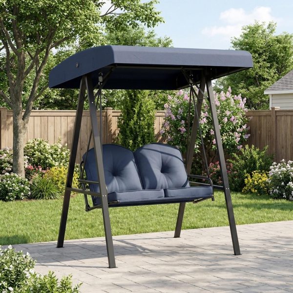 product-open-7947122717e74d63a9650fb7cb42f83f-goods Outdoor 2-Person Porch Swing, Cushioned Loveseat Swing with Stand, Adjustable Canopy and Heavy-Duty Metal Frame for Porch, Backyard, Garden