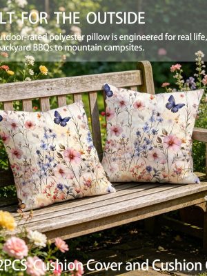 Outdoor Pillows 2pcs Set with InsertWatercolor Vintage Floral Butterfly Print 17.72inch Outdoor Cushion, Weather-Resistant Decorative Throw Pillow for Patio Garden Sofa Bench, Hidden Zipper, Removable and Machine Washable, All-Season Soft Accent Pi