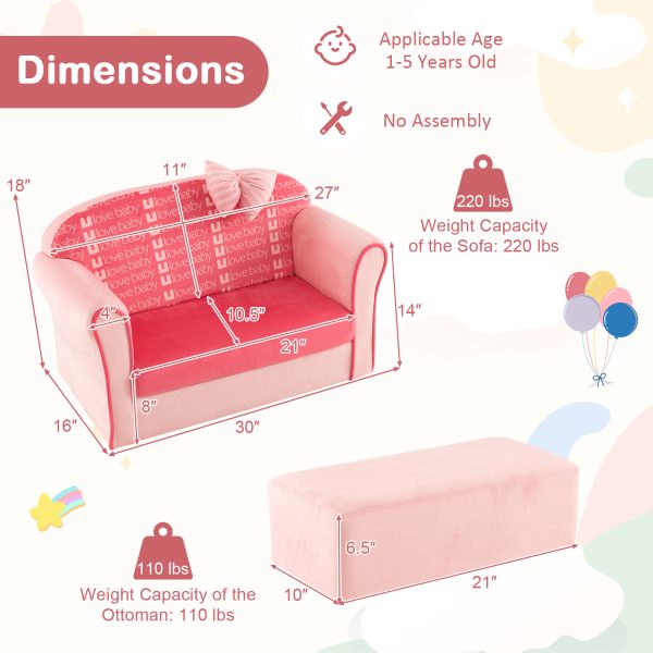 product-open-7a30e2a980244e2788fa514b1e2a8749-goods COSTWAY Double Sofa with Ottoman, Upholstered Couch Featuring Curved Armrests, Adorable Bow, Sturdy Wooden Frame, Soft Velvet Loveseat Chair for Kids -5
