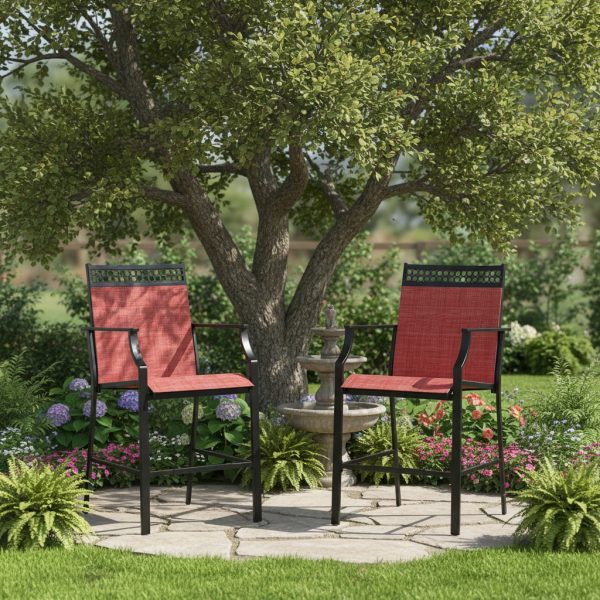 product-open-7a44d6edead143f28c99e3929db7b86e-goods Set of 2 Heavy-Duty Metal Bar Stools with High Back, Armrests & Footrest - Counter Height Patio Chairs with Sturdy Metal Frame, Red Cushioned Seats